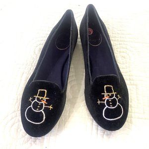 JACK ROGERS Womens Christmas Black Velvet Flats Snowman Embroidered size 9